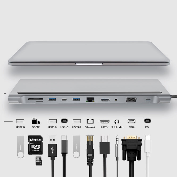 อะแดปเตอร์ HUB 11-in-1 RJ45 + 87W PD + SD/TF + USB 3 พอร์ต + HDMI + VGA + AUX 3.5 มม. เป็น Type-C