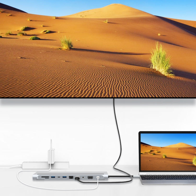 อะแดปเตอร์ HUB 11-in-1 RJ45 + 87W PD + SD/TF + USB 3 พอร์ต + HDMI + VGA + AUX 3.5 มม. เป็น Type-C