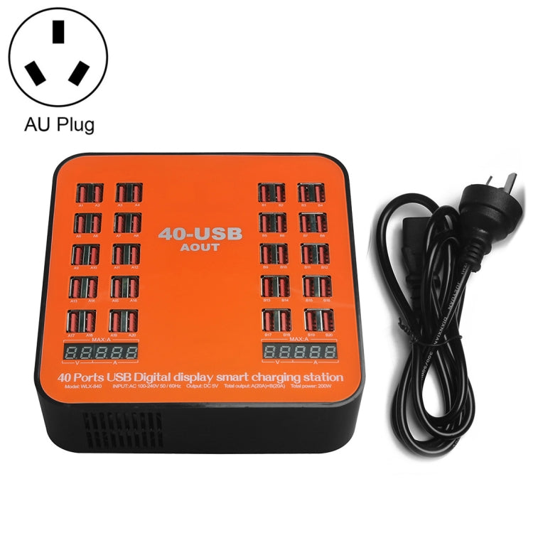 สถานีชาร์จอัจฉริยะ USB 40 พอร์ต 200W WLX-840 พร้อมจอแสดงผลดิจิทัล AC100-240V ปลั๊ก AU (สีดำ+ส้ม), ปลั๊ก AU