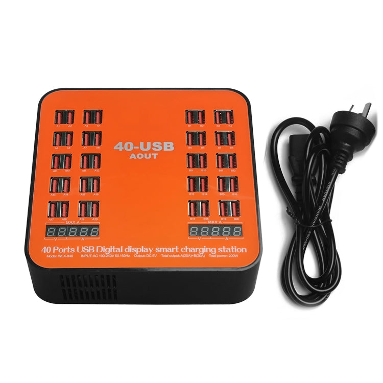สถานีชาร์จอัจฉริยะ USB 40 พอร์ต 200W WLX-840 พร้อมจอแสดงผลดิจิทัล AC100-240V ปลั๊ก AU (สีดำ+ส้ม), ปลั๊ก AU