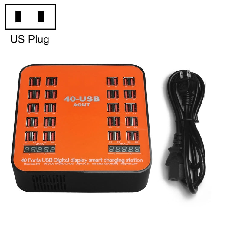 สถานีชาร์จอัจฉริยะ USB 40 พอร์ต 200W WLX-840 พร้อมจอแสดงผลดิจิทัล AC100-240V ปลั๊ก US (สีดำ+ส้ม), ปลั๊ก US