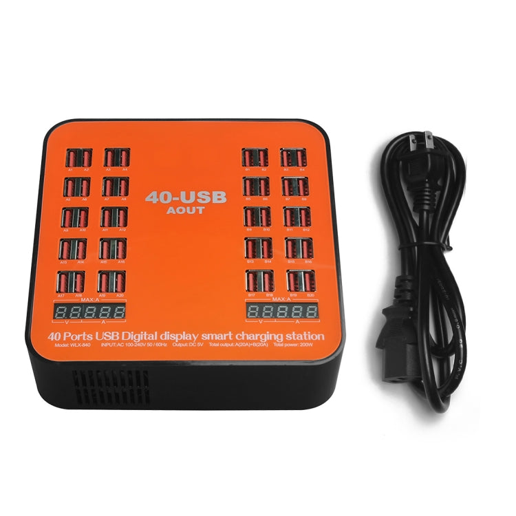 สถานีชาร์จอัจฉริยะ USB 40 พอร์ต 200W WLX-840 พร้อมจอแสดงผลดิจิทัล AC100-240V ปลั๊ก US (สีดำ+ส้ม), ปลั๊ก US