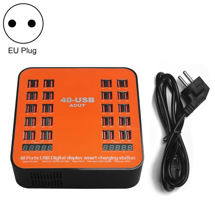 สถานีชาร์จอัจฉริยะ USB 40 พอร์ต 200W WLX-840 พร้อมจอแสดงผลดิจิทัล AC100-240V ปลั๊ก EU (สีดำ+ส้ม), ปลั๊ก EU