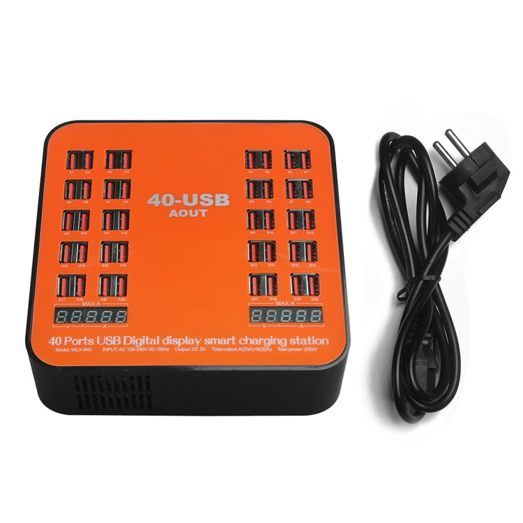 สถานีชาร์จอัจฉริยะ USB 40 พอร์ต 200W WLX-840 พร้อมจอแสดงผลดิจิทัล AC100-240V ปลั๊ก EU (สีดำ+ส้ม), ปลั๊ก EU