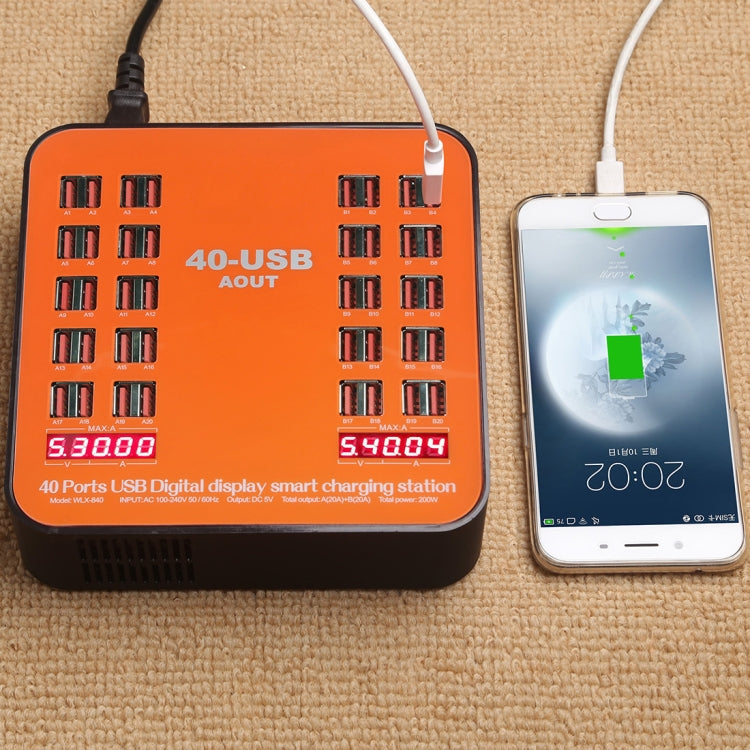 สถานีชาร์จอัจฉริยะ USB 40 พอร์ต 200W WLX-840 พร้อมจอแสดงผลดิจิทัล AC100-240V ปลั๊ก EU (สีดำ+ส้ม), ปลั๊ก EU