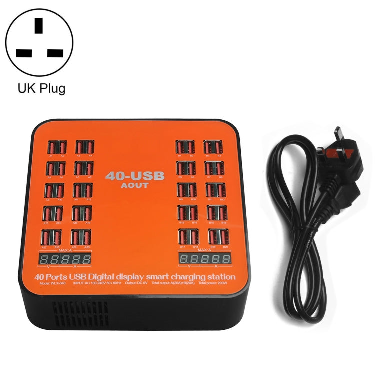 สถานีชาร์จอัจฉริยะ USB 40 พอร์ต 200W WLX-840 พร้อมจอแสดงผลดิจิทัล AC100-240V ปลั๊ก UK (สีดำ+ส้ม), ปลั๊ก UK