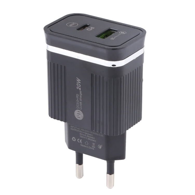 46-A2C2 ที่ชาร์จเร็วมัลติฟังก์ชัน 20W PD + QC3.0 USB ปลั๊ก EU, ปลั๊ก EU