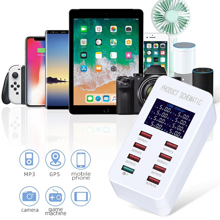 สถานีชาร์จอัจฉริยะ A8 50W 8 พอร์ต USB + QC3.0 พร้อมจอแสดงผลดิจิทัล AC100-240V, ปลั๊ก US, A8 ปลั๊ก US