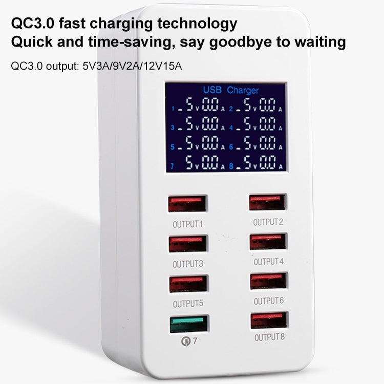 สถานีชาร์จอัจฉริยะ A8 50W 8 พอร์ต USB + QC3.0 พร้อมจอแสดงผลดิจิทัล AC100-240V, ปลั๊ก EU, A8 ปลั๊ก EU
