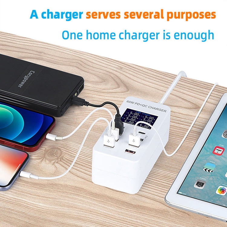 สถานีชาร์จอัจฉริยะ A8T 60W 8 พอร์ต USB + QC3.0 + PD Type-C พร้อมจอแสดงผลดิจิทัล AC100-240V, ปลั๊ก AU, A8T ปลั๊ก AU