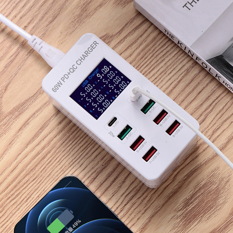 สถานีชาร์จอัจฉริยะ A8T 60W 8 พอร์ต USB + QC3.0 + PD Type-C พร้อมจอแสดงผลดิจิทัล AC100-240V, ปลั๊ก EU, A8T ปลั๊ก EU
