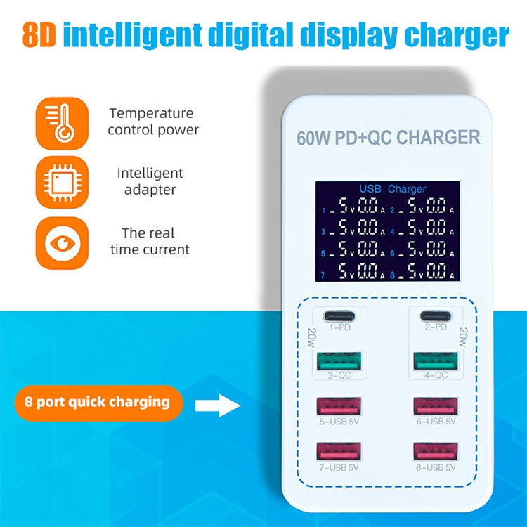 สถานีชาร์จอัจฉริยะ A8T 60W 8 พอร์ต USB + QC3.0 + PD Type-C พร้อมจอแสดงผลดิจิทัล AC100-240V, ปลั๊ก EU, A8T ปลั๊ก EU