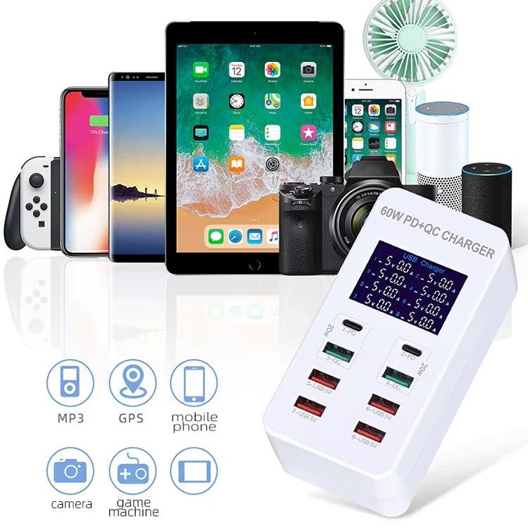 สถานีชาร์จอัจฉริยะ A8T 60W 8 พอร์ต USB + QC3.0 + PD Type-C พร้อมจอแสดงผลดิจิทัล AC100-240V, ปลั๊ก EU, A8T ปลั๊ก EU