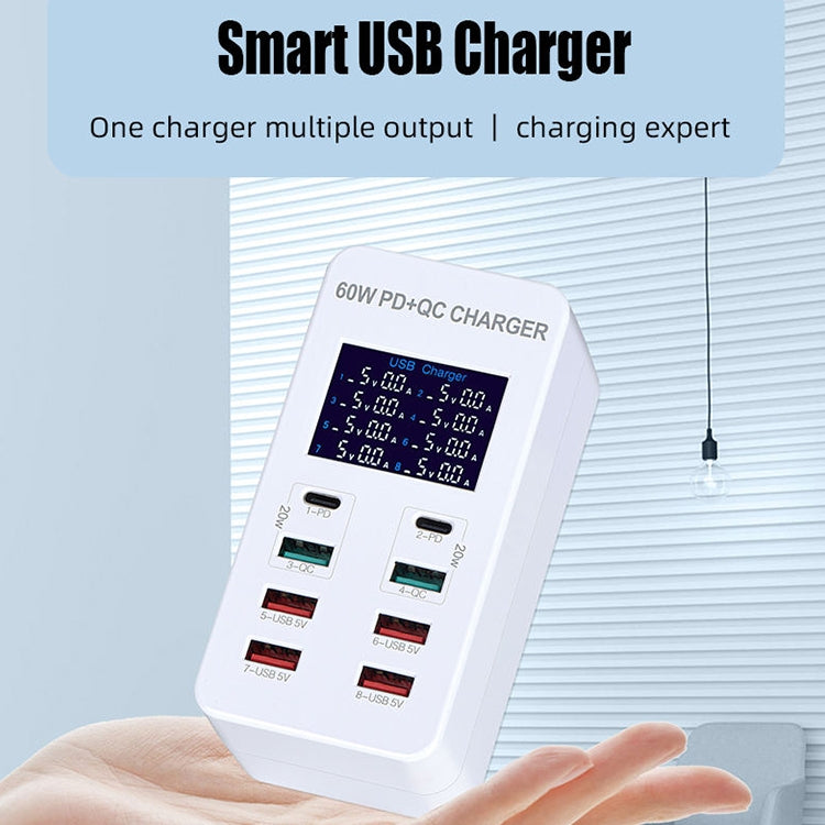 สถานีชาร์จอัจฉริยะ A8T 60W 8 พอร์ต USB + QC3.0 + PD Type-C พร้อมจอแสดงผลดิจิทัล AC100-240V, ปลั๊ก UK, A8T ปลั๊ก UK