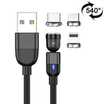 สายข้อมูลแม่เหล็กหมุนได้ 540 องศา 3 in 1 USB เป็น 8 Pin + USB-C / Type-C + Micro USB ความยาว 1 เมตร 3A Output