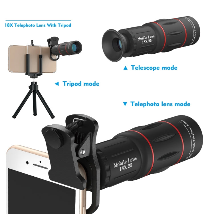 ชุดเลนส์โทรศัพท์ 3 in 1 ซูมไกล 18X + ขาตั้งกล้อง + คลิปโทรศัพท์, APL-T18ZJ