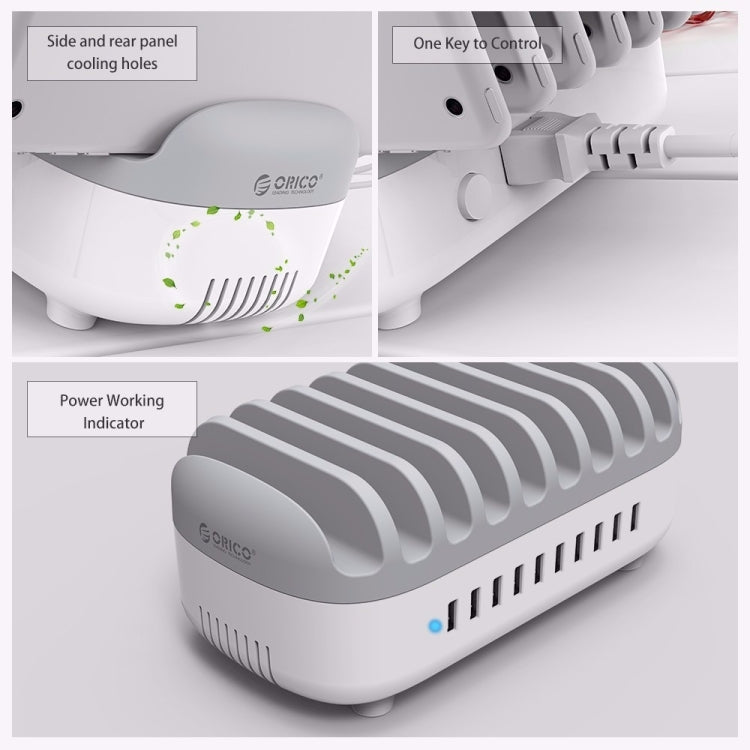 ORICO DUK-10P สถานีชาร์จอัจฉริยะ 120W 10 พอร์ต USB พร้อมแท่นวางโทรศัพท์และแท็บเล็ต ปลั๊ก EU สีดำ, ปลั๊ก EU สีขาว, ปลั๊ก US สีดำ, ปลั๊ก US สีขาว, ปลั๊ก UK สีดำ, ปลั๊ก UK สีขาว, ปลั๊ก AU สีดำ, ปลั๊ก AU สีขาว