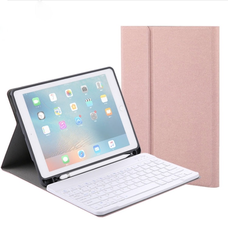 เคสแท็บเล็ตหนังพร้อมคีย์บอร์ดบลูทูธพลาสติกถอดได้ลายผ้าไหม RK508 สำหรับ iPad Air 2 & Air 1 / Pro 9.7 นิ้ว & iPad 2017 & iPad 2018 พร้อมขาตั้งและช่องใส่ปากกา