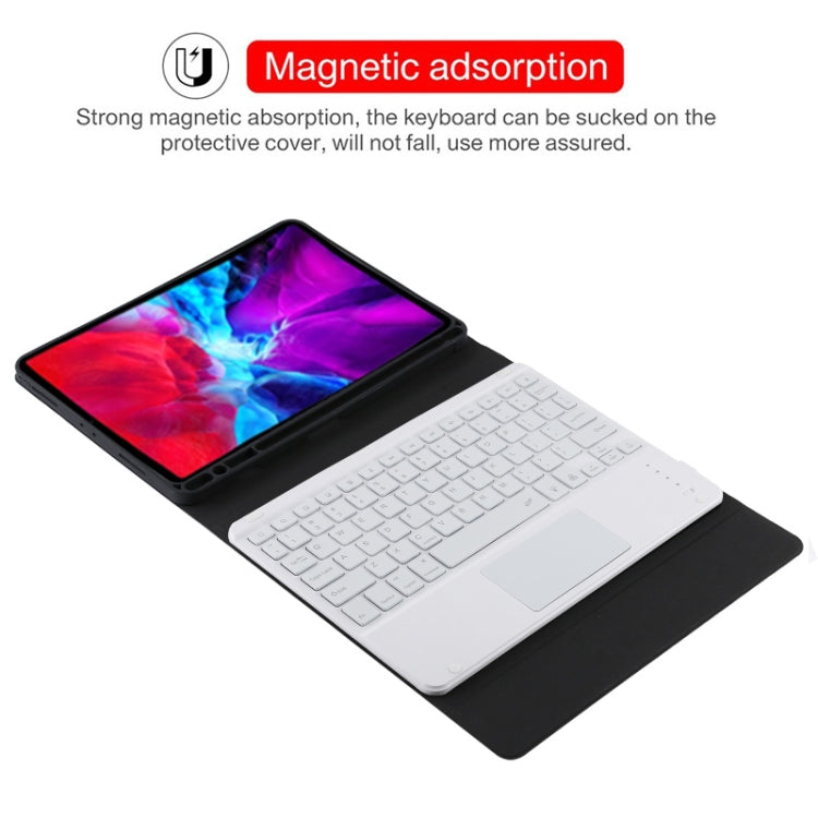 เคสแท็บเล็ตหนังไมโครไฟเบอร์พร้อมคีย์บอร์ดบลูทูธถอดได้สีขาว TG11BCS สำหรับ iPad Pro 11 นิ้ว (2020) พร้อมไฟแบ็คไลท์ ทัชแพด ช่องใส่ปากกา และที่ยึด คีย์บอร์ดสีขาว