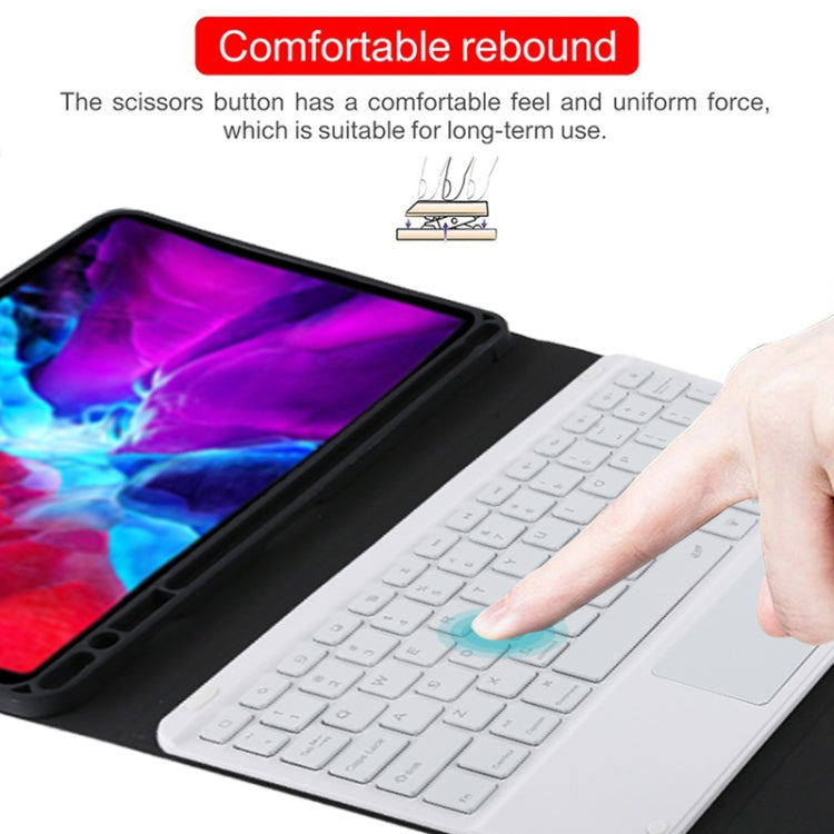 เคสแท็บเล็ตหนังไมโครไฟเบอร์พร้อมคีย์บอร์ดบลูทูธถอดได้สีขาว TG11BCS สำหรับ iPad Pro 11 นิ้ว (2020) พร้อมไฟแบ็คไลท์ ทัชแพด ช่องใส่ปากกา และที่ยึด คีย์บอร์ดสีขาว