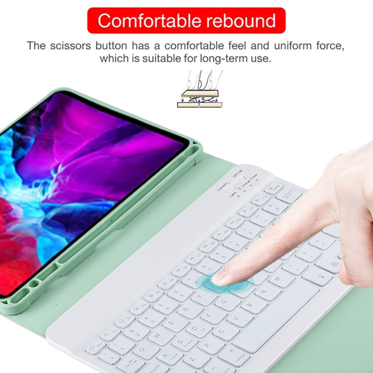 เคสแท็บเล็ตหนังไมโครไฟเบอร์พร้อมคีย์บอร์ดบลูทูธถอดได้สีขาว TG11BS สำหรับ iPad Pro 11 นิ้ว (2020) พร้อมไฟแบ็คไลท์ ช่องใส่ปากกา และที่ยึด คีย์บอร์ดสีขาว
