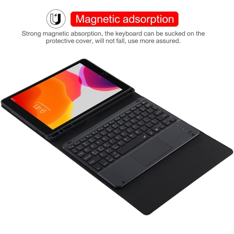เคสแท็บเล็ตหนังไมโครไฟเบอร์พร้อมคีย์บอร์ดบลูทูธถอดได้สีดำ TG-102BCS สำหรับ iPad 10.2 นิ้ว / iPad Air (2019) พร้อมทัชแพด ไฟแบ็คไลท์ ช่องใส่ปากกา และที่ยึด คีย์บอร์ดสีดำ