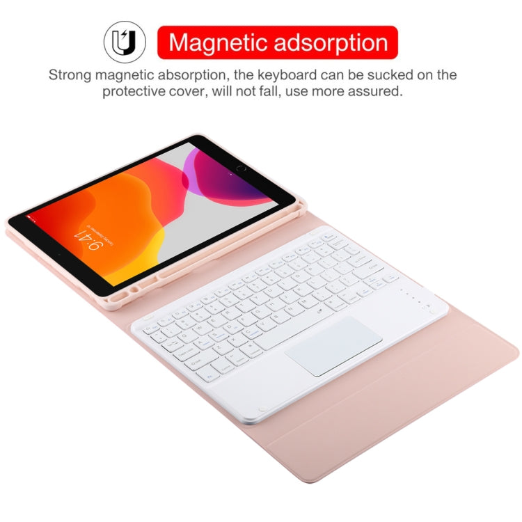 เคสแท็บเล็ตหนังไมโครไฟเบอร์สีขาวพร้อมคีย์บอร์ดบลูทูธถอดได้ TG-102BC สำหรับ iPad 10.2 นิ้ว / iPad Air (2019) พร้อมทัชแพด ช่องใส่ปากกา และที่จับ คีย์บอร์ดสีขาว