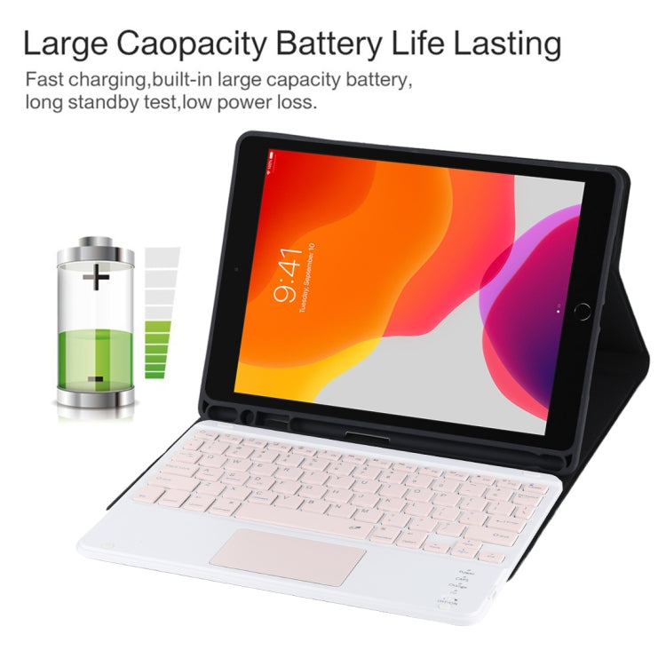 TG-102BC คีย์บอร์ดบลูทูธถอดได้สีชมพู + เคสแท็บเล็ตหนังไมโครไฟเบอร์สำหรับ iPad 10.2 นิ้ว / iPad Air (2019) พร้อมทัชแพด ช่องใส่ปากกาและที่ยึด คีย์บอร์ดสีชมพู