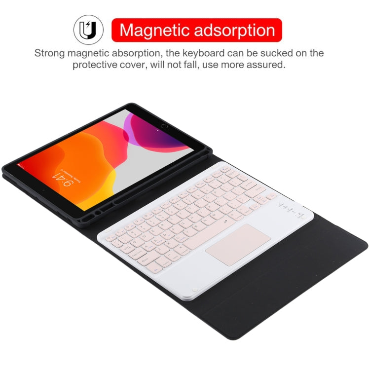TG-102BC คีย์บอร์ดบลูทูธถอดได้สีชมพู + เคสแท็บเล็ตหนังไมโครไฟเบอร์สำหรับ iPad 10.2 นิ้ว / iPad Air (2019) พร้อมทัชแพด ช่องใส่ปากกาและที่ยึด คีย์บอร์ดสีชมพู