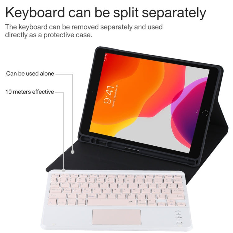 TG-102BC คีย์บอร์ดบลูทูธถอดได้สีชมพู + เคสแท็บเล็ตหนังไมโครไฟเบอร์สำหรับ iPad 10.2 นิ้ว / iPad Air (2019) พร้อมทัชแพด ช่องใส่ปากกาและที่ยึด คีย์บอร์ดสีชมพู