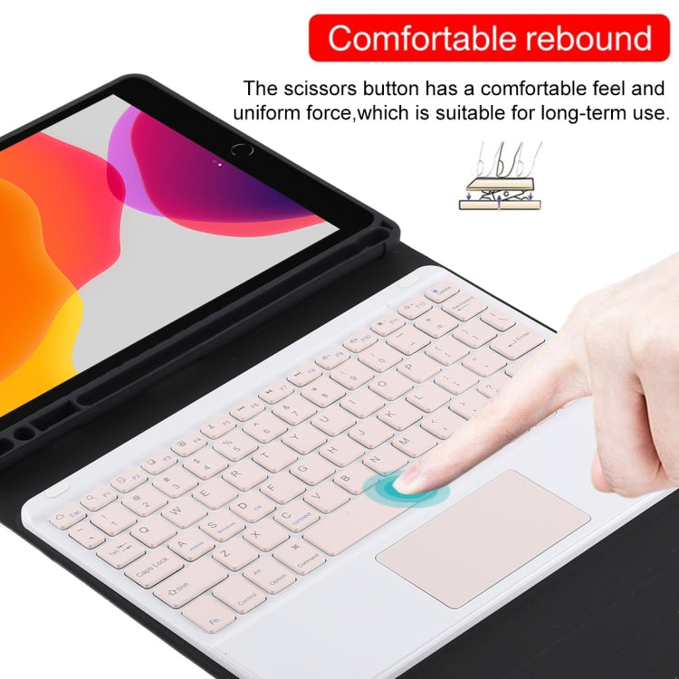 TG-102BC คีย์บอร์ดบลูทูธถอดได้สีชมพู + เคสแท็บเล็ตหนังไมโครไฟเบอร์สำหรับ iPad 10.2 นิ้ว / iPad Air (2019) พร้อมทัชแพด ช่องใส่ปากกาและที่ยึด คีย์บอร์ดสีชมพู
