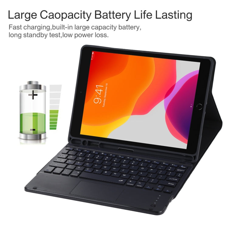 TG-102BC คีย์บอร์ด Bluetooth สีดำถอดแยกได้ + เคสแท็บเล็ตหนังไมโครไฟเบอร์สำหรับ iPad 10.2 นิ้ว / iPad Air (2019) พร้อมทัชแพด ช่องใส่ปากกา และที่ยึด, TG-102BC