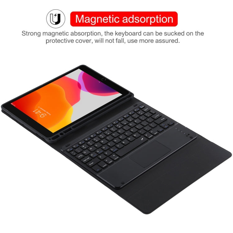 TG-102BC คีย์บอร์ด Bluetooth สีดำถอดแยกได้ + เคสแท็บเล็ตหนังไมโครไฟเบอร์สำหรับ iPad 10.2 นิ้ว / iPad Air (2019) พร้อมทัชแพด ช่องใส่ปากกา และที่ยึด, TG-102BC