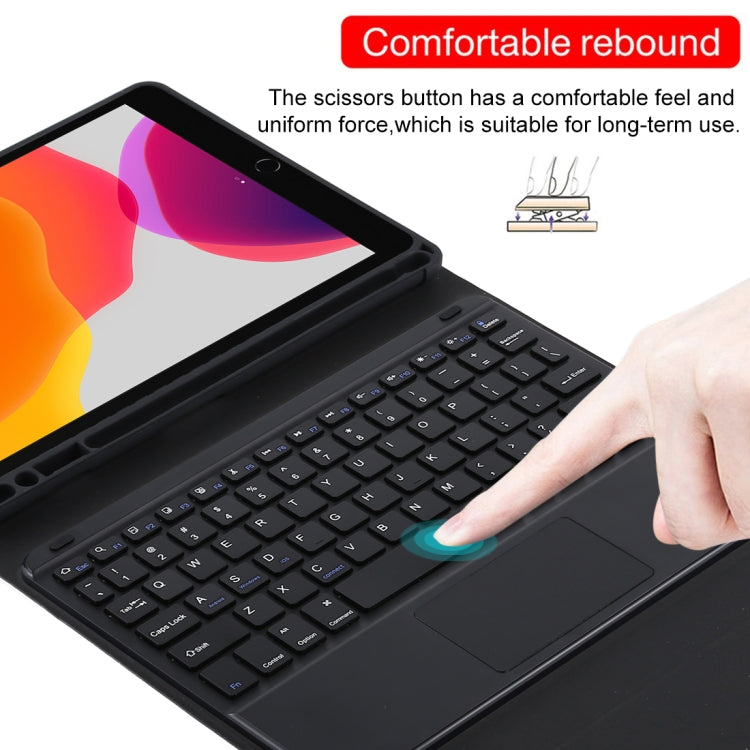 TG-102BC คีย์บอร์ด Bluetooth สีดำถอดแยกได้ + เคสแท็บเล็ตหนังไมโครไฟเบอร์สำหรับ iPad 10.2 นิ้ว / iPad Air (2019) พร้อมทัชแพด ช่องใส่ปากกา และที่ยึด, TG-102BC