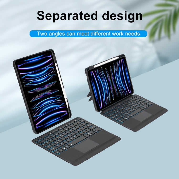T11-AS สำหรับ iPad Air 11 2025 / Air 5 / 4 10.9 / Pro 11 2022&2021&2020&2018 คีย์บอร์ด Bluetooth แบบแยกชิ้นพร้อมไฟพื้นหลังและทัชด้านหลัง เคสหนัง, T11-AS