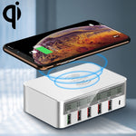 WLX-818F ที่ชาร์จ 6 in 1 10W QC3.0 ชาร์จไร้สาย + USB-C / Type-C + 4 พอร์ต USB พร้อมหน้าจอแสดงผล LCD อัจฉริยะ, ปลั๊ก EU / AU, ปลั๊ก EU / AU (สีขาว)