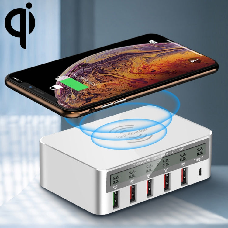 WLX-818F ที่ชาร์จ 6 in 1 10W QC3.0 ชาร์จไร้สาย + USB-C / Type-C + 4 พอร์ต USB พร้อมหน้าจอแสดงผล LCD อัจฉริยะ, ปลั๊ก EU / AU, ปลั๊ก EU / AU (สีขาว)