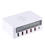 WLX-818F ที่ชาร์จ 6 in 1 10W QC3.0 ชาร์จไร้สาย + USB-C / Type-C + 4 พอร์ต USB พร้อมหน้าจอแสดงผล LCD อัจฉริยะ, ปลั๊ก EU / AU, ปลั๊ก EU / AU (สีขาว)
