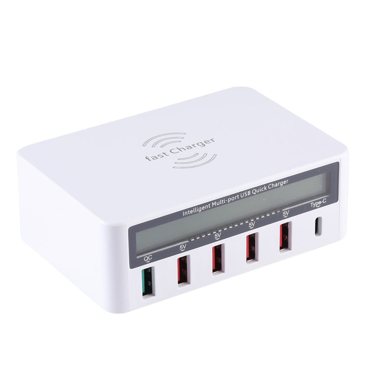 WLX-818F ที่ชาร์จ 6 in 1 10W QC3.0 ชาร์จไร้สาย + USB-C / Type-C + 4 พอร์ต USB พร้อมหน้าจอแสดงผล LCD อัจฉริยะ, ปลั๊ก EU / AU, ปลั๊ก EU / AU (สีขาว)