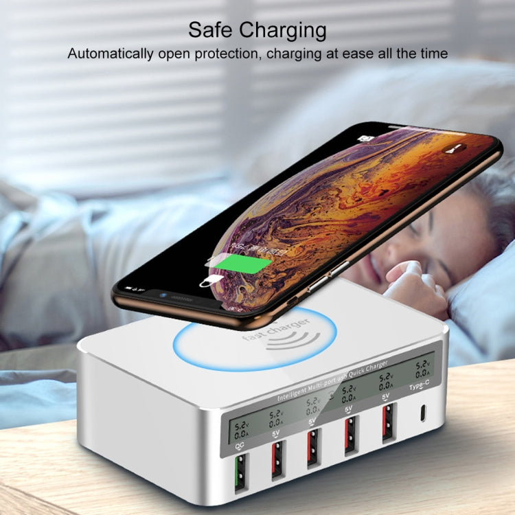 WLX-818F ที่ชาร์จ 6 in 1 10W QC3.0 ชาร์จไร้สาย + USB-C / Type-C + 4 พอร์ต USB พร้อมหน้าจอแสดงผล LCD อัจฉริยะ, ปลั๊ก EU / AU, ปลั๊ก EU / AU (สีขาว)