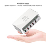 WLX-818F ที่ชาร์จ 6 in 1 10W QC3.0 ชาร์จไร้สาย + USB-C / Type-C + 4 พอร์ต USB พร้อมหน้าจอแสดงผล LCD อัจฉริยะ, ปลั๊ก EU / AU, ปลั๊ก EU / AU (สีขาว)