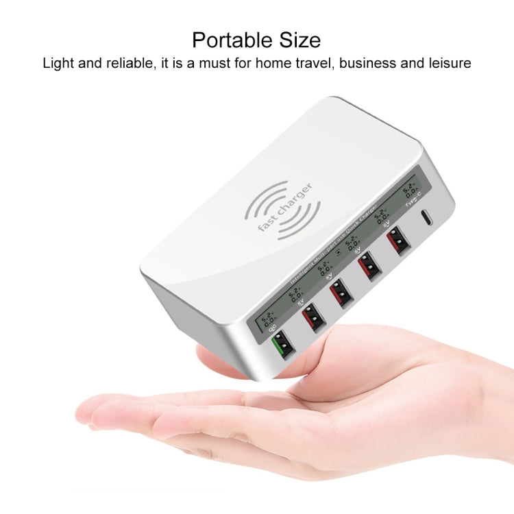 WLX-818F ที่ชาร์จ 6 in 1 10W QC3.0 ชาร์จไร้สาย + USB-C / Type-C + 4 พอร์ต USB พร้อมหน้าจอแสดงผล LCD อัจฉริยะ, ปลั๊ก EU / AU, ปลั๊ก EU / AU (สีขาว)