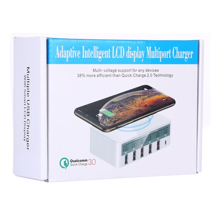 WLX-818F ที่ชาร์จ 6 in 1 10W QC3.0 ชาร์จไร้สาย + USB-C / Type-C + 4 พอร์ต USB พร้อมหน้าจอแสดงผล LCD อัจฉริยะ, ปลั๊ก EU / AU, ปลั๊ก EU / AU (สีขาว)