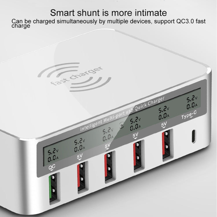 WLX-818F ที่ชาร์จ 6 in 1 10W QC3.0 ชาร์จไร้สาย + USB-C / Type-C + 4 พอร์ต USB พร้อมหน้าจอแสดงผล LCD อัจฉริยะ, ปลั๊ก EU / AU, ปลั๊ก EU / AU (สีขาว)