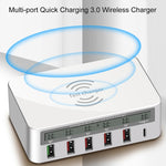 WLX-818F ที่ชาร์จ 6 in 1 10W QC3.0 ชาร์จไร้สาย + USB-C / Type-C + 4 พอร์ต USB พร้อมหน้าจอแสดงผล LCD อัจฉริยะ, ปลั๊ก EU / AU, ปลั๊ก EU / AU (สีขาว)