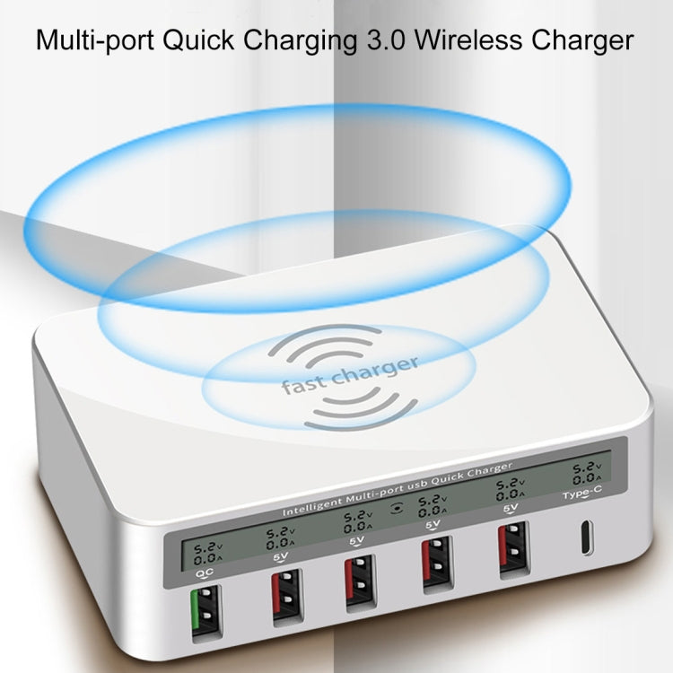 WLX-818F ที่ชาร์จ 6 in 1 10W QC3.0 ชาร์จไร้สาย + USB-C / Type-C + 4 พอร์ต USB พร้อมหน้าจอแสดงผล LCD อัจฉริยะ, ปลั๊ก EU / AU, ปลั๊ก EU / AU (สีขาว)