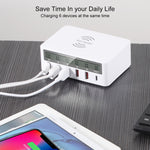 WLX-818F ที่ชาร์จ 6 in 1 10W QC3.0 ชาร์จไร้สาย + USB-C / Type-C + 4 พอร์ต USB พร้อมหน้าจอแสดงผล LCD อัจฉริยะ, ปลั๊ก EU / AU, ปลั๊ก EU / AU (สีขาว)