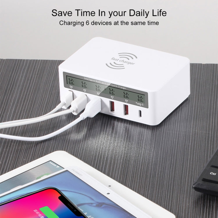 WLX-818F ที่ชาร์จ 6 in 1 10W QC3.0 ชาร์จไร้สาย + USB-C / Type-C + 4 พอร์ต USB พร้อมหน้าจอแสดงผล LCD อัจฉริยะ, ปลั๊ก EU / AU, ปลั๊ก EU / AU (สีขาว)