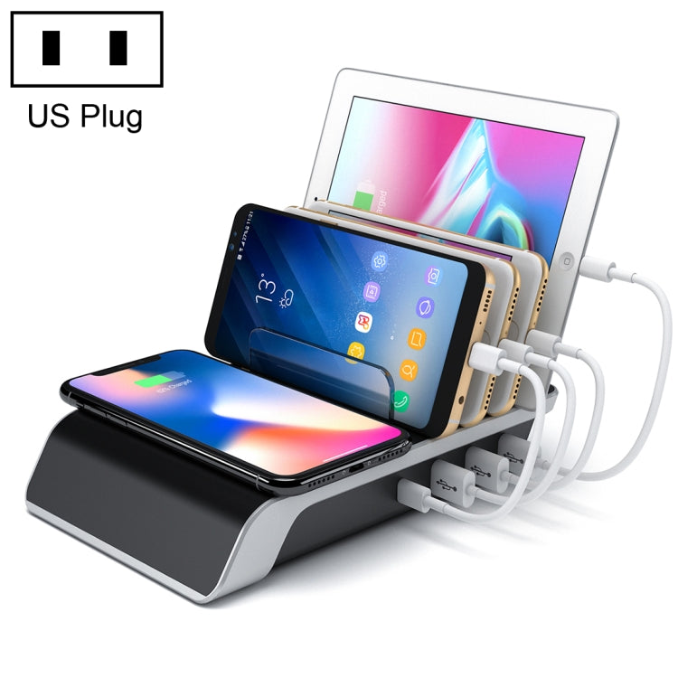 แท่นชาร์จไร้สายมาตรฐาน Qi พร้อมที่วางโทรศัพท์ 4 พอร์ต USB ปลั๊ก US