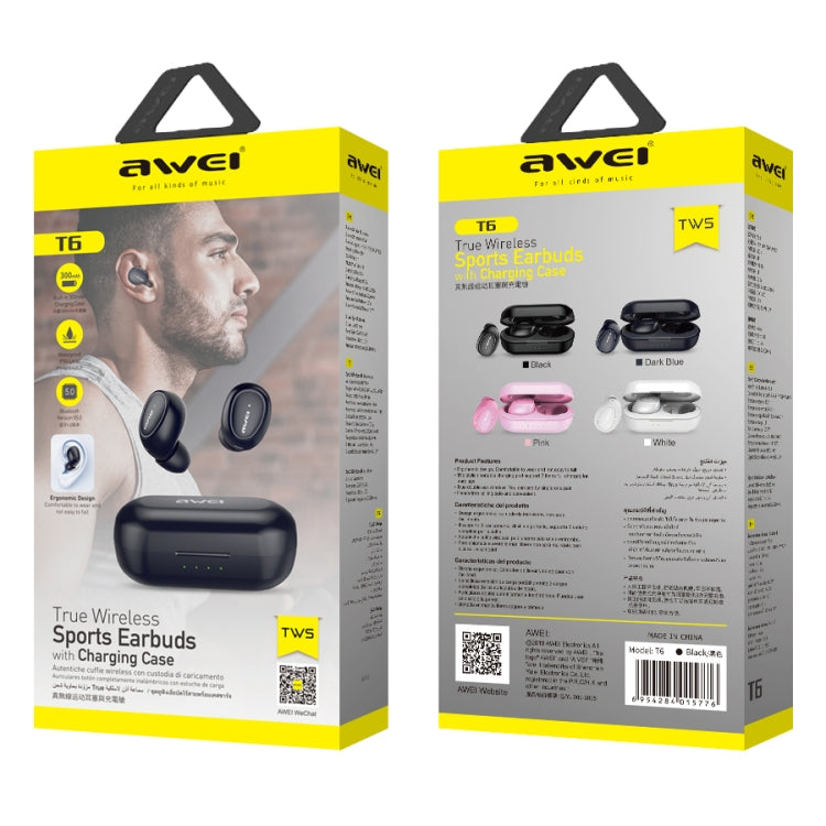 awei T6 TWS หูฟังสปอร์ตไร้สาย Bluetooth V5.0 พร้อมกล่องชาร์จ